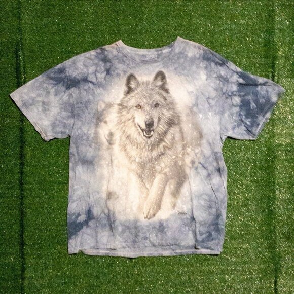 THE MOUNTAIN MENS WHITE WOLF T SHIRT LIGHT BLUE MARBLE TIE DYE NATURE SIZE XXL - Picture 3 of 7